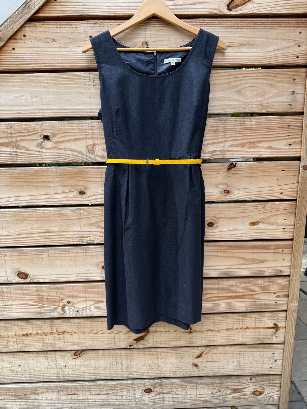 Sandra Darren Navy Midi Sheath Dress with Yellow Belt